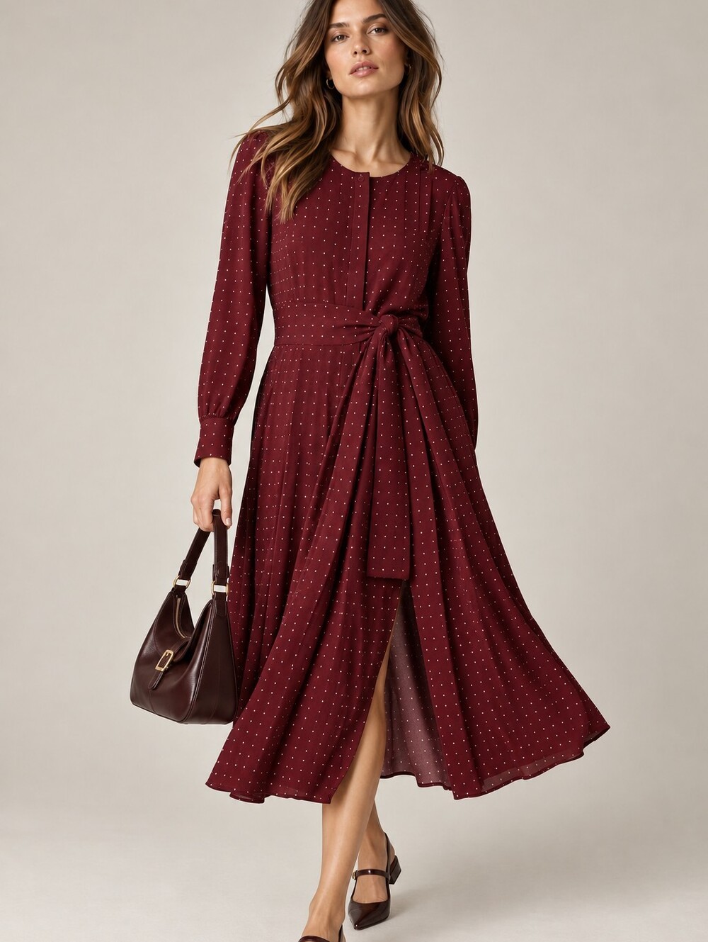 CLUB MONACO Long Sleeve Pleated Button Front Sash Tie Belt Midi Dress 6
